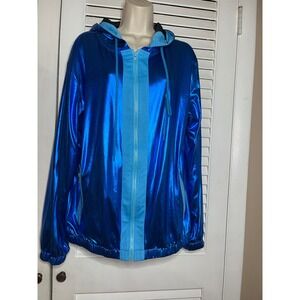 COOFANDY Metallic Blue Hooded Jacket Shiny Zip Up Festival Windbreaker XL NWT